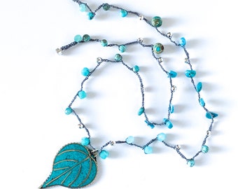 Silver Leaf and Teal Dreams Necklace, Boho Beaded Crochet Necklace, Teal Beaded Necklace, Girlfriend Gift