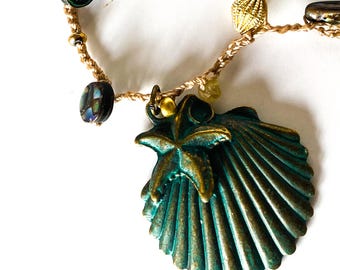 Starfish Shell Crochet Beaded Necklace, Abalone Czech Glass Gemstone, 31" Boho Jewelry