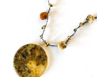 Golden Crazy Lace Agate Crochet, Beaded Necklace with Slim Disc Pendant