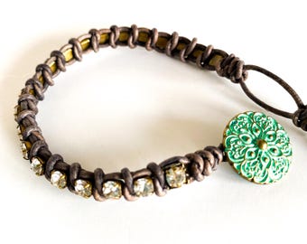 Knotted Leather Rhinestone Bracelet: Boho Green Patina Button