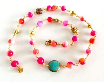 Happy and Bright Pink Lemon Necklace, Turquoise and Pink Jade Necklace, Bright Boho Layering, Beaded Chain