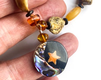 Amber & Abalone Celestial Necklace, Adjustable Leather Cord, 2-Sided Moon and Star Pendant