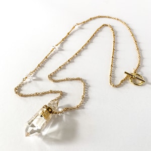 Crystal Quartz Point Bottle, Herkimer Diamond Chain, Essential Oil Aromatherapy Vial Necklace, Chain and Pendant Necklace