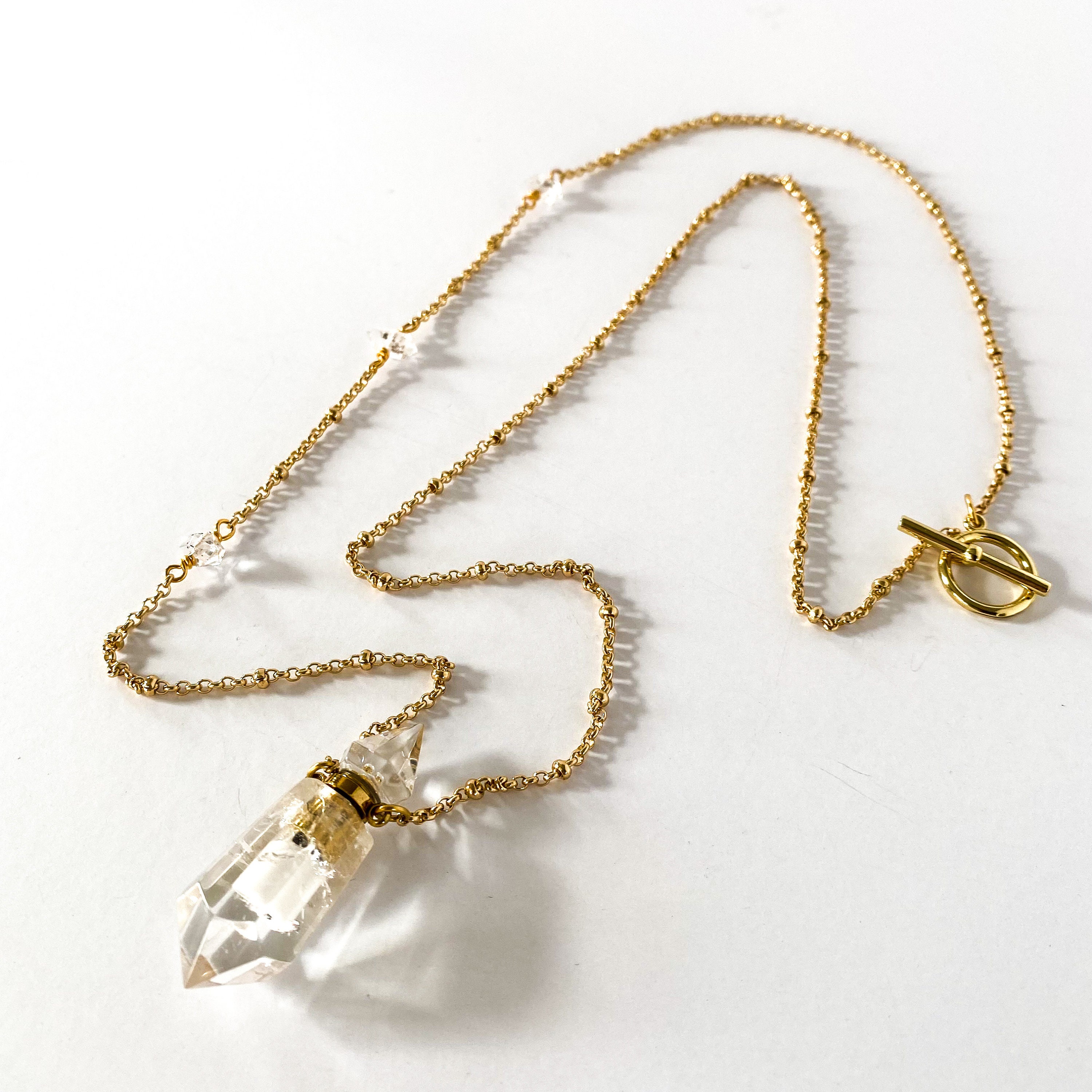 Crystal Quartz Point Bottle, Herkimer Diamond Chain, Essential Oil Aromatherapy Vial Necklace, Chain and Pendant Necklace
