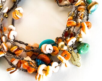 Vibrant “Arizona Sunset” Crochet Necklace, Boho Beaded Layering Necklace/Multi Wrap Bracelet