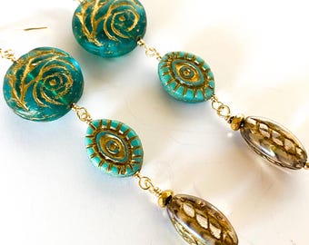 Czech Glass Dangle Earrings, Blue and Gold Floral Earrings