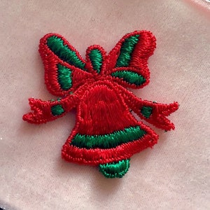 Jingle Bell 1960s Vintage Applique, Christmas Embroidery Applique, Red Green Holiday Vintage Embroidered Patch #5042