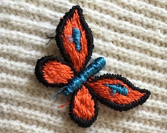 1970s VINTAGE Decorative Orange Blue Black Butterfly Embroidery Sew on Applique Patches #5114