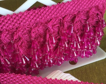 TEARDROP BEADS FRINGE Fuchsia Rose Faceted Beaded Trim 2" wide Fringe Decorative Trim by the bolt on Sale