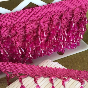 TEARDROP BEADS FRINGE Fuchsia Rose Faceted Beaded Trim 2" wide Fringe Decorative Trim by the bolt on Sale