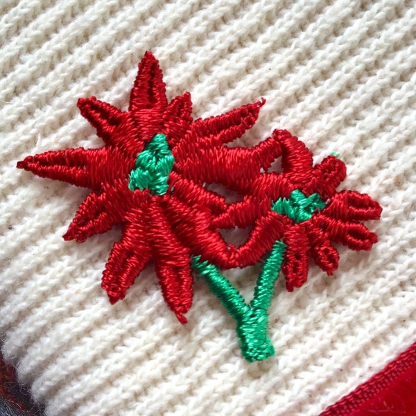 1960s Vintage RED Flower Applique, CHRISTMAS HOLIDAY Red Green Flower Embroidery Applique, Vintage Embroidered Applique Flower #5097