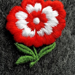 1960s VINTAGE FLOWER Applique, Red White Flower Embroidery Applique, Vintage Embroidered Applique Flower