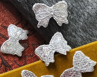 METALLIC SILVER Iron On Bow Patch Applique, Hologram Silver Grey Bow Embroidery Wholesale Appliques Embroidered Decorative Patches #5030