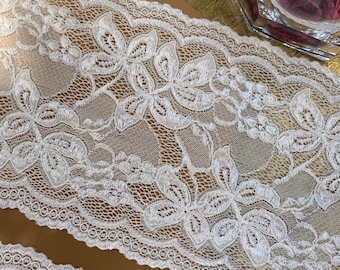 Super Soft 6-1/2” wide STRETCH Ivory Lace Galloon Embroidered Floral Lace Trim by Yard and by Roll Wholesale Stretch Lace Galloon #1164