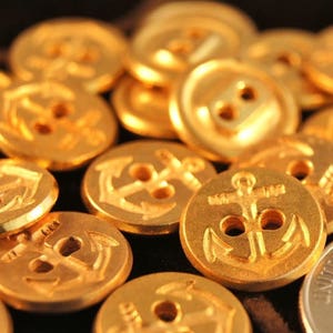Vintage Nautical Embossed Anchor Buttons 1/2&quot; Metallic Gold Buttons #45/149, 2 hole suit buttons, shirt buttons, sleeve buttons 6 pcs