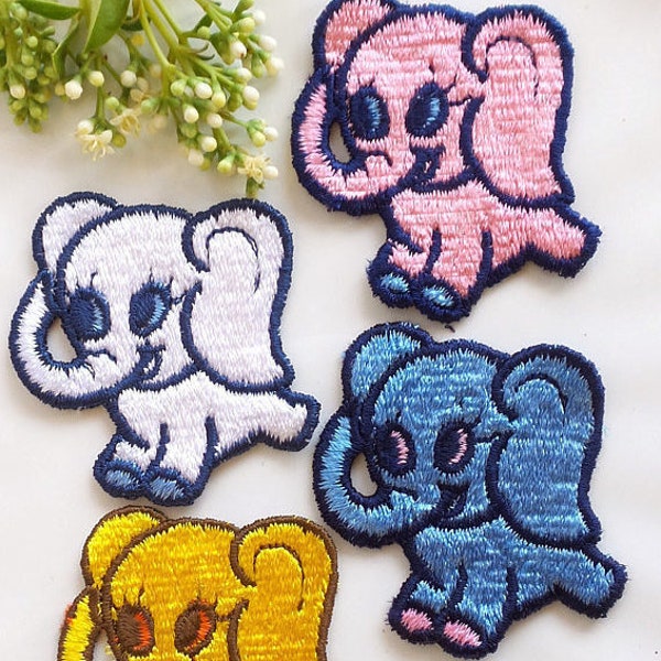 Collectible Baby Elephant Embroidery Applique Patches, Pink White Yellow and Blue Elephant Vintage Appliques for All Decorative Projects