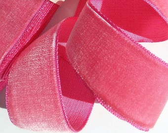 Vintage French Velvet Ribbon Wholesale 1" ROUGE PINK Velvet Ribbon by the yard 25mm Velvet Jewelry Ribbon DIY Craft #374  Made in France