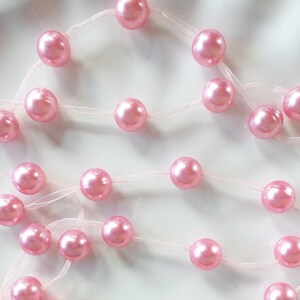 Pink Pearl Plastic Beaded Sheer Ribbon Trim Wedding Decoration, Round Rose Mauve Pink 14mm Bead, String Beads Ribbon Exclusive Beaded Trim
