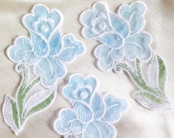 Vintage White Embroidery Organza Applique, Blue Floral Sheer Lace Applique Flower with Leaves Embroidered Organza Lace Applique Wholesale 91