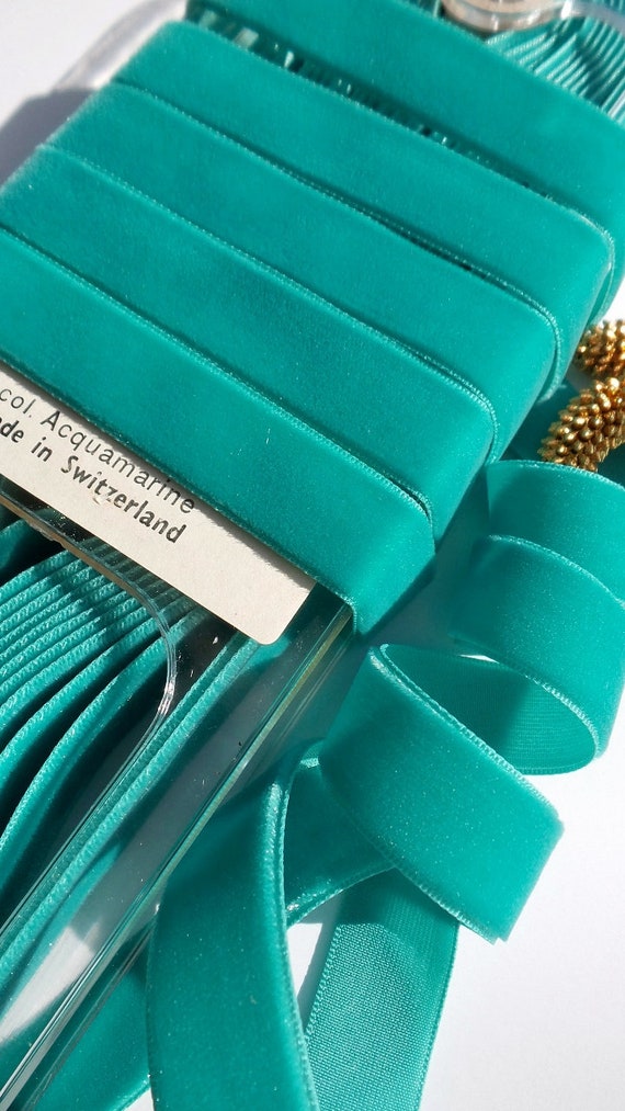 Green Aqua Marine Swiss Velvet Ribbon 5/8" wide Vintage Velvet Ribbon by the yard Velvet Dress Ribbon Wholesale Trim 400 made in Switzerland
