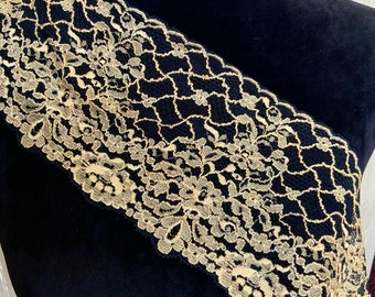 5" EMBROIDERED STRETCH Black Gold Lace Trim - SOFT Corded Lace Trim Floral Vintage Sewing Lace trim, Lingerie Lace trim, Headband lace #642