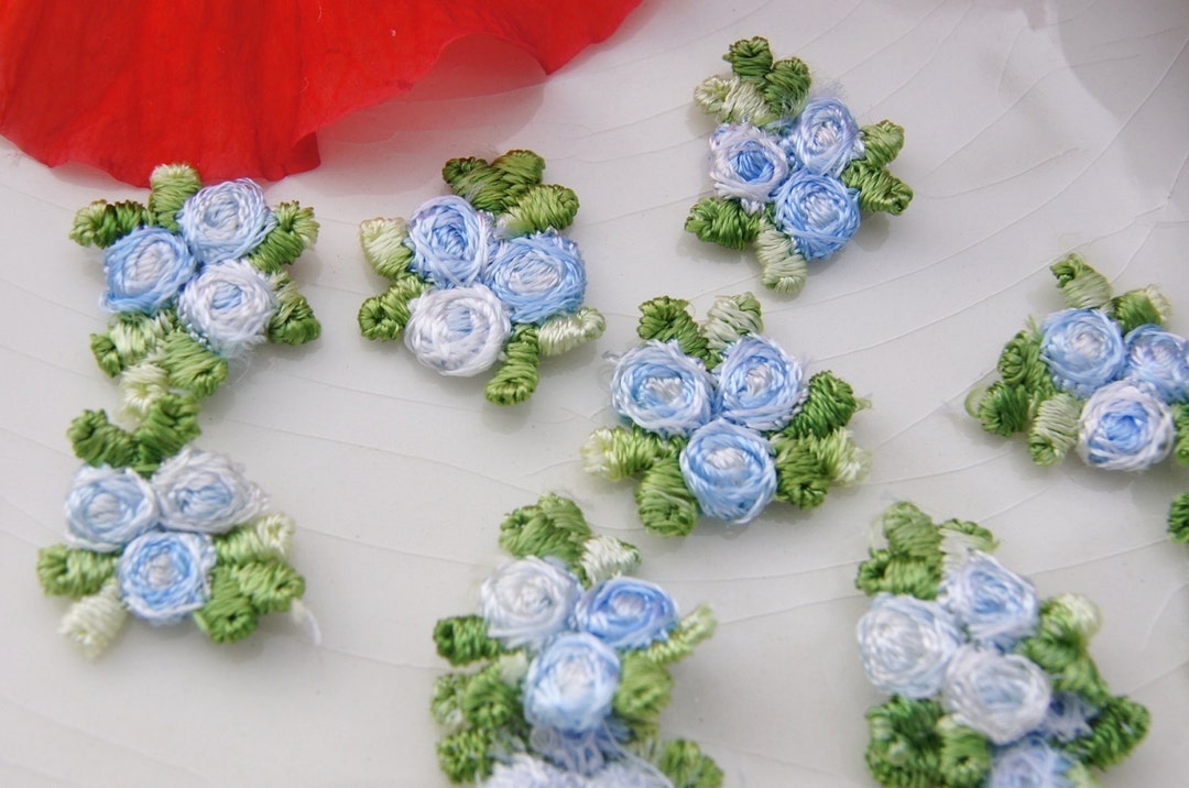 Light Blue Flower Embroidered Applique, Vintage Embroidery Sew on