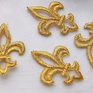 Fleur de Lis Applique, Gold Metallic Embroidery Applique, Fleur de Lis Embroidered Appliques Wholesale, Vintage Appliques Iron On #1190