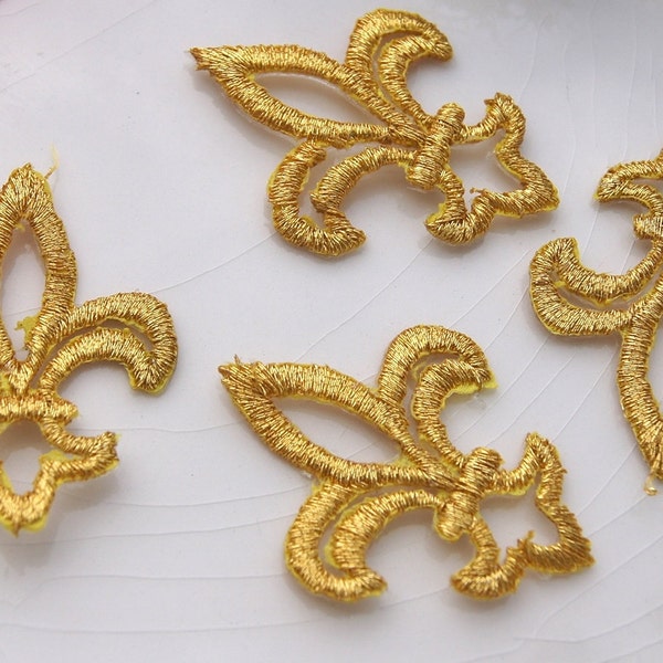 Fleur de Lis Applique, Gold Metallic Embroidery Applique, Fleur de Lis Embroidered Appliques Wholesale, Vintage Appliques Iron On #1190