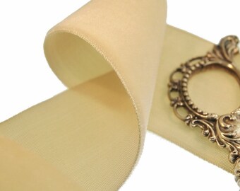 2" Vintage French Velvet Ribbon Trim, Beige Wheat Velvet Ribbon by the yard, Vintage Velvet Dress Ribbon Wholesale #105 Made in France