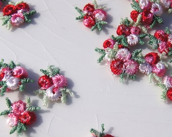 Red White Pink Vintage Roses Flower Applique, Red White Flower Embroidery Applique, Vintage Embroidered Applique Flower #1223
