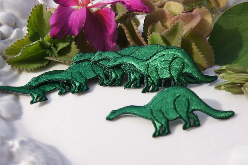 Vintage Iron On Dinosaur Applique, Green Dinosaur Embroidery Applique, Vintage Embroidered Iron On Applique Animals 5078 image 3