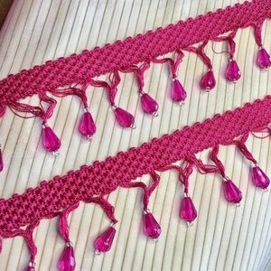 TEARDROP BEADS FRINGE Fuchsia Rose Faceted Beaded Trim 2 wide Fringe Decorative Trim by the bolt on Sale image 2