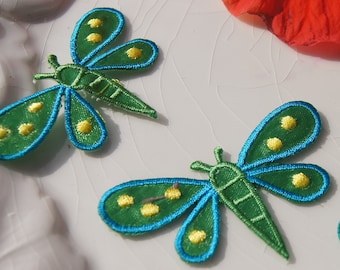 Green Blue Dragonfly Applique, Vintage Embroidered Applique Dragonfly, Iron On Embroidery Appliques Wholesale #1143