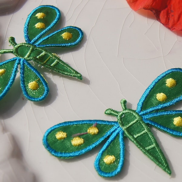 Green Blue Dragonfly Applique, Vintage Embroidered Applique Dragonfly, Iron On Embroidery Appliques Wholesale #1143