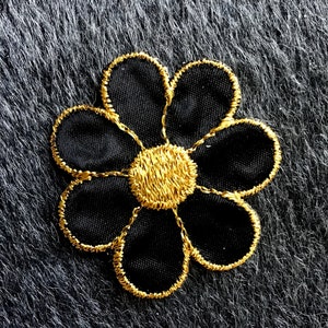 Metallic Gold Black Flower Embroidered Applique, Vintage Embroidery Iron On Appliques Wholesale, Gold Black Flower Applique #5089