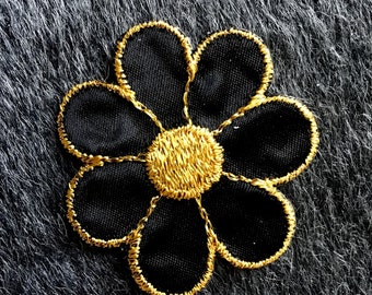 Metallic Gold Black Flower Embroidered Applique, Vintage Embroidery Iron On Appliques Wholesale, Gold Black Flower Applique #5089