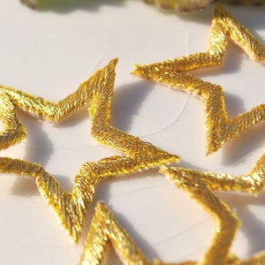 Iron-On GOLD STAR Patches, Metallic Thread Vintage Embroidered Applique Stars, 1-1/2 x 1-1/2 Iron On Gold Star Embroidery Appliques 1327 image 1