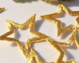 Iron-On GOLD STAR Patches, Metallic Thread Vintage Embroidered Applique Stars, 1-1/2" x 1-1/2" Iron On Gold Star Embroidery Appliques #1327