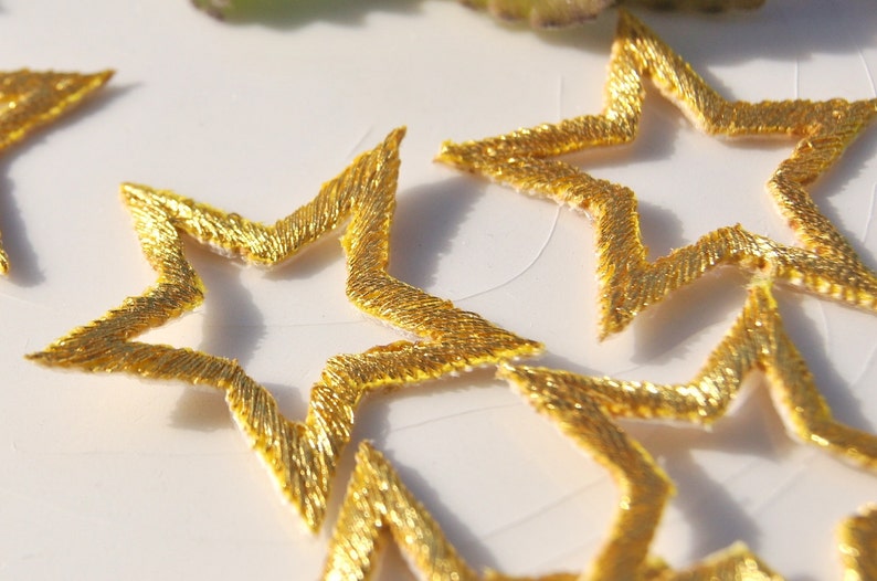 Iron-On GOLD STAR Patches, Metallic Thread Vintage Embroidered Applique Stars, 1-1/2 x 1-1/2 Iron On Gold Star Embroidery Appliques 1327 image 1