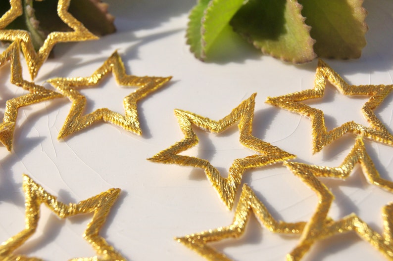 Iron-On GOLD STAR Patches, Metallic Thread Vintage Embroidered Applique Stars, 1-1/2 x 1-1/2 Iron On Gold Star Embroidery Appliques 1327 image 2