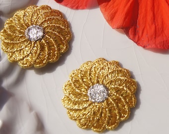 Metallic Gold Flower Embroidered Applique, Vintage Embroidery Iron On Appliques Wholesale, Gold Flower Applique #1136