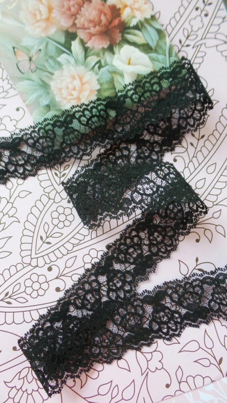 Black Lace Trim by the Yard Vintage Floral Stiff Lace Galloon Etsy
