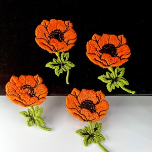 Exquisite Orange 1960s Vintage Cotton Poppies Flower Applique, Cotton Applique Floral Embroidered Patch F3 image 3