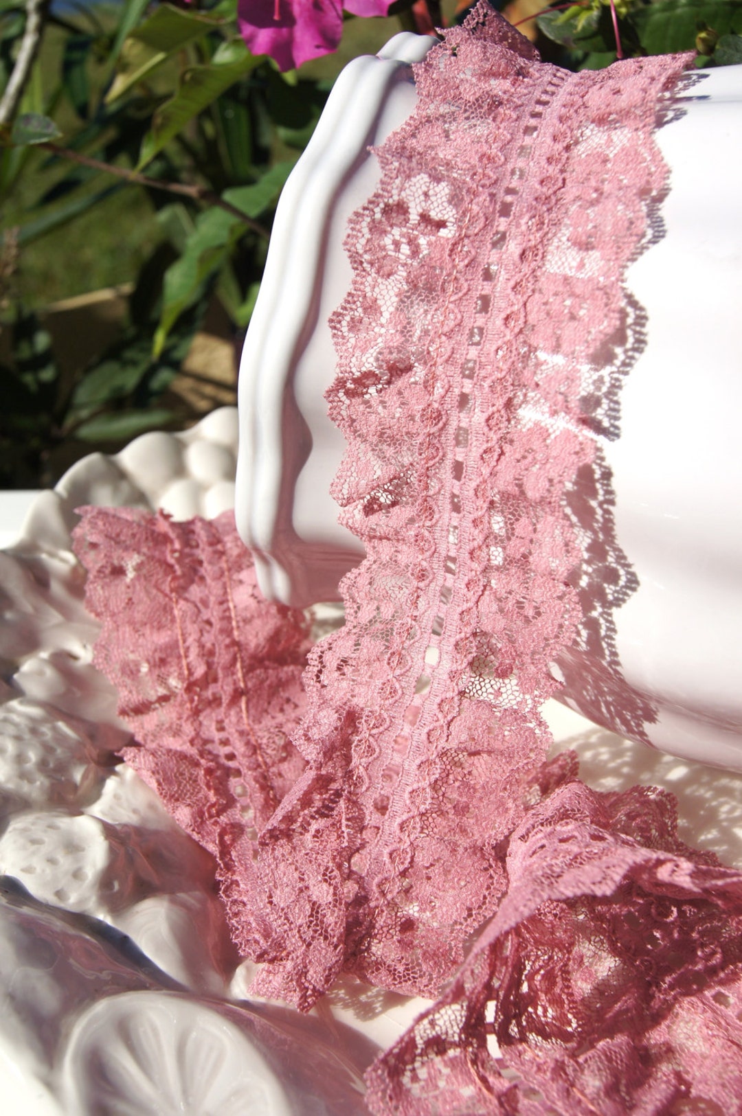 21/2 Wide Double Ruffled Vintage Beading Lace Trim Dusty Rose Lace Trim by the Yard Vintage