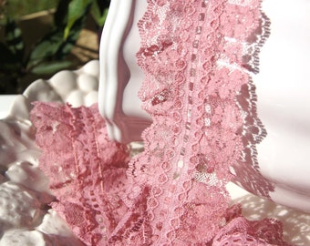 Adorno de encaje vintage con doble volante y cuentas de 6,35 cm de ancho - Adorno de encaje rosa empolvado cortado a medida - Adornos de encaje vintage para costura al por mayor n.° 73