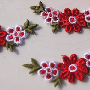 1960s Vintage Flower Applique, Red White Flower Embroidery Applique, Vintage Embroidered Applique Flower #1221