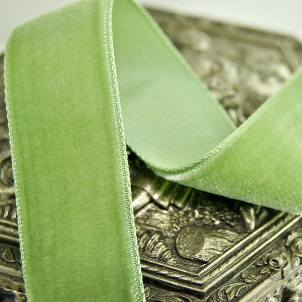 Pistachio 1" French Velvet Ribbon by the yard Lime Green French Vintage Velvet Ribbon Wholesale #29 Made in France