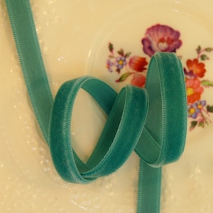Vintage Swiss Velvet Ribbon Wholesale 7mm Aquamarine Green Velvet Dress Ribbon by the yard - Jewelry Ribbon Craft #10 Made in Switzerland