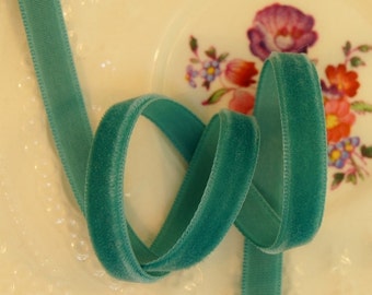 Vintage Swiss Velvet Ribbon Wholesale 7mm Aquamarine Green Velvet Dress Ribbon by the yard - Jewelry Ribbon Craft #10 Made in Switzerland