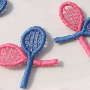 Vintage Embroidered Pink Blue Tennis Racket Applique, 1960s Vintage Patch Embroidery Appliques Wholesale - Sewing, Craft, #1195